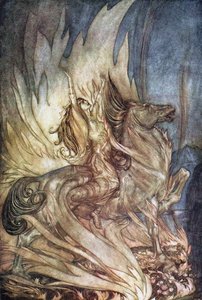 Brünnhilde on Grane, Siegfried'in cenaze ateşinin üzerine atlıyor. Siegfried ve The Tw için İllüstrasyon by Arthur Rackham