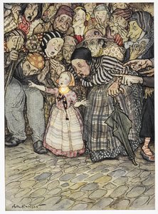 Küçük bir çocuk, "Ama üzerinde hiçbir şey yok" dedi. 'İmparatorun yeni kıyafetleri' hikayesine renkli illüstrasyon. by Arthur Rackham