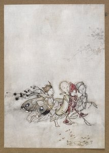 Barış Çiçeği, Örümcek Ağı, Güve ve Hardal Tohumu'na girin. Bir Yaz Gecesi Rüyası'ndan bir sahne. by Arthur Rackham
