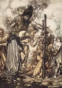 Fafner: 'Hey! Buraya gel ve beni bu huydan durdur!', 'Rhinegold ve Valkyrie'den bir çizim, 1910 by Arthur Rackham