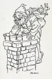 Noel Baba bir çuval hediyeyle bacadan aşağı iniyor by Arthur Rackham