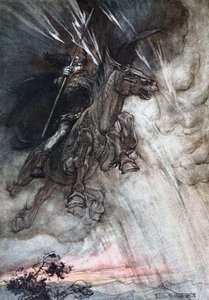 Öfkeyle Wotan kayaya biniyor. Richard tarafından Rhinegold ve Valkyrie için illüstrasyon by Arthur Rackham