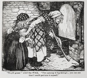 Hansel ve Grethel'den fırının yanında Grethel ve yaşlı cadı. by Arthur Rackham