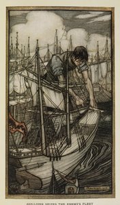 Gulliver düşman filosunu ele geçiriyor, Jonathan Swift'in Gulliver's Travels'tan İllüstrasyonu, Arthur Rackham'ın by Arthur Rackham