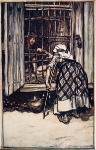 Hansel bir boğum çıkardı ve gözleri loş olan yaşlı Kadın göremedi ve parmağı olduğunu sandı ve şişmanlamamasına çok şaşırdı .. The Fairy Tales of the B