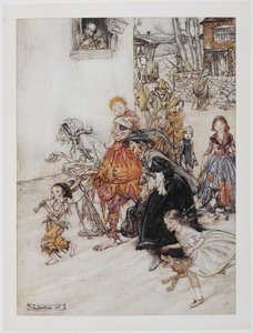 "Dinle!" Dinle! Köpekler havlar'. Sokaklarda yürüyen bir soytarı, yaşlı kadınlar ve çocuklar da dahil olmak üzere bir dizi karakter. by Arthur Rackham