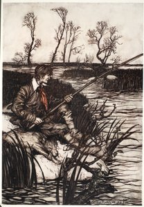 Bütün gün ıslak bir kayanın üzerinde oturur ve balık tutardı, Rip Van Winkle by Washington Irving, pub. 1910 by Arthur Rackham