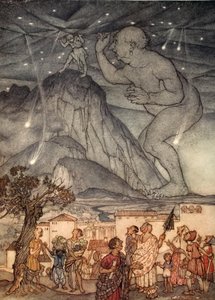 Herkül büyük bir omuz silkti, Nathaniel Hawthorne'un "Kızlar ve Erkekler İçin Harika Bir Kitap"tan bir çizim, 1928 by Arthur Rackham