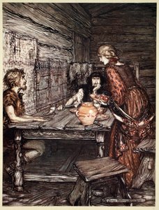 "Hunding, Siegmund ve Sieglunde arasındaki benzerliği keşfeder", 1910. by Arthur Rackham