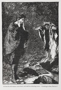 Zachiel ve yaşlı kadından Jorinda ve Joringel'den çizim. by Arthur Rackham