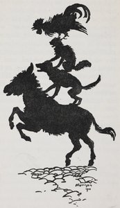 Bremen Mızıkacılarından bir eşek, köpek, kedi ve horoz çizimi. by Arthur Rackham