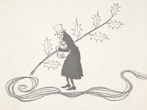 Bir çobanpüskülü dalı tarafından tasvir edilen, elinde bir çanta dolusu parayı tutan ve kızgın görünen Scrooge'un çizimi. by Arthur Rackham