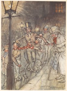 Bob Cratchit ve çocuklarla Noel arifesinde bir sokak sahnesinin çizimi. by Arthur Rackham
