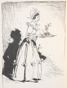 Noel pudingi taşıyan bir kadının illüstrasyonu by Arthur Rackham