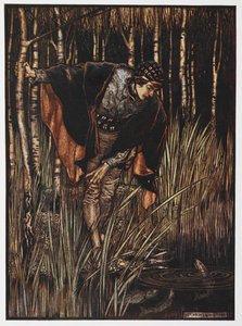 Beyaz Yılan'dan bir göletin yanında bir gencin çizimi. by Arthur Rackham