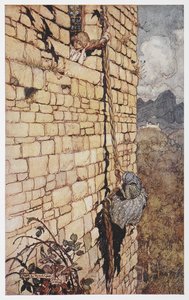 Rapunzel'in saçına tırmanan cadı çizimi. by Arthur Rackham