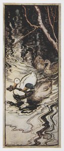 Kraliçe Arı'dan bir anahtar taşıyan iki ördeğin çizimi. by Arthur Rackham