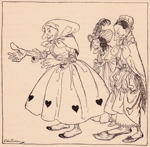 İçeriye son derece sade giyinmiş üç kadın girdi. Grimm'in Peri Masalı, Dönen Üç Kadın'dan Arthur Rackham'ın çizimi. by Arthur Rackham