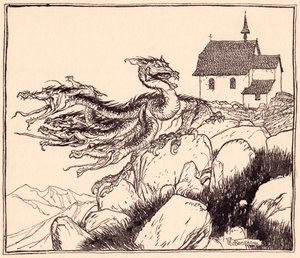 Çok geçmeden yedi başlı ejderha yüksek sesle kükreyerek geldi. Grimm's Fairy Tale, The Two Brothers'tan Arthur Rackham'ın illüstrasyonu. by Arthur Rackham