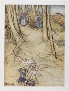 'Jack ve Jill'. İki çocuk bir tepeden aşağı düşer. Jack kafasını çarparken Jill bir kova su döker. by Arthur Rackham