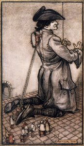 Gulliver'i ona yeni bir takım elbise yapmak için ölçen küçük terziler, Arthur Rackham'ın (1867-1939) çizimi, Jonathan Swift'in (Dublin) Gulliver'in Seyahatleri'nden by Arthur Rackham