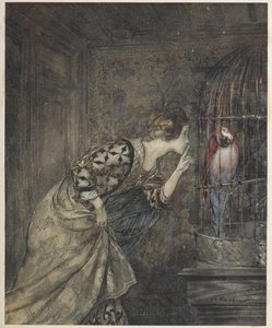 May Colvin ve kafeste bir papağan. by Arthur Rackham