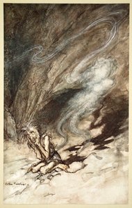 "Mim, aldığı kirpiklerin altında kıvranır", 1910. by Arthur Rackham