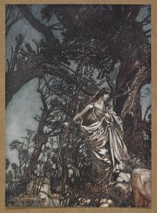 Asla bu kadar yorgun, asla bu kadar kederli olma'. Bir Yaz Gecesi Rüyası'ndan bir sahne. by Arthur Rackham