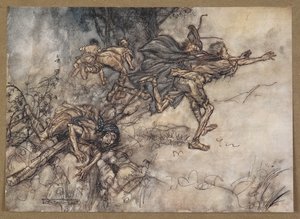 Ey canavar! Ey garip! Biz periliyiz. Dua edin ustalar! Uçun ustalar! Yardım! Bir Yaz Gecesi Rüyası'ndan bir sahne. by Arthur Rackham