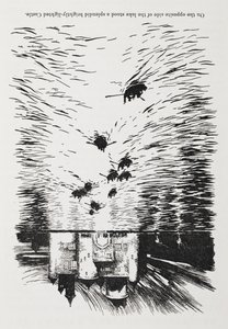Geceleri bir kaleye yaklaşan bir nehirde kürekli tekneler. by Arthur Rackham