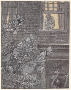 Scrooge penceresinden aşağıdaki sokaktaki hayaletleri izliyor by Arthur Rackham