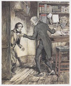 Başka bir adam girerken Scrooge ofisinde yazıyor by Arthur Rackham