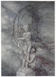 "Kollarını prense çok benzeyen mermer figürün etrafına doladı". 'Küçük deniz kızı' hikayesi için illüstrasyon. by Arthur Rackham