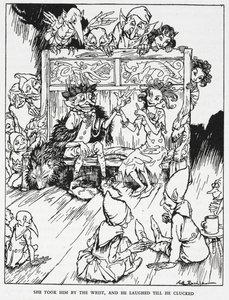 "Onu bileğinden tuttu ve gıcırdayana kadar güldü". Elfin bakireleri ve goblinler. 'Cin tepesi' için resim. by Arthur Rackham