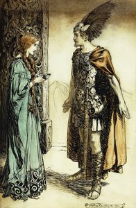 Siegfried, Gutrune ile tanışır: Tanrıların Alacakaranlığı, 1911 by Arthur Rackham