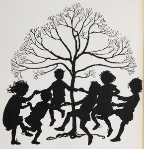 Bir ağacın etrafında dans eden çocukların silueti. by Arthur Rackham