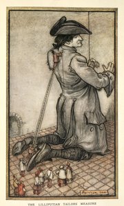 Gulliver'i ölçen Lilliput Terzileri, Jonathan Swift'in Gulliver's Travels adlı eserinden, Arthur Rackham'ın çizimi by Arthur Rackham