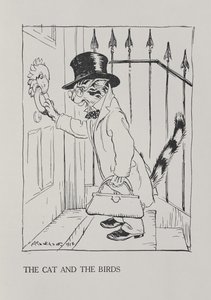 Kedi ve Kuşlar, 'Esop'un Masalları'ndan bir çizim, Heinemann tarafından yayınlandı, 1912 by Arthur Rackham
