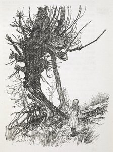 Alice'e bakan bir ağaçtaki Cheshire Kedisi by Arthur Rackham
