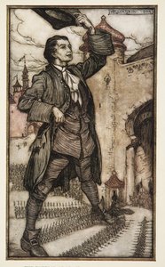 Lilliput İmparatoru, Jonathon Swift (1667 - 1745) tarafından yazılan Gulliver'in Gezileri'nden Birliklerini İnceliyor, pub. 1909 (renkli taş) by Arthur Rackham