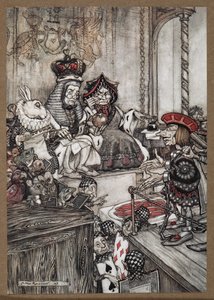 Knave of Hearts, turtaları çalmakla suçlanan Kraliçe ve Kupa Kralı'nın huzurunda rıhtımda by Arthur Rackham