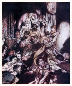 Ziyafet salonu kargaşa içindeydi. İrlanda Masallarındaki Küçük Kavgadan by Arthur Rackham