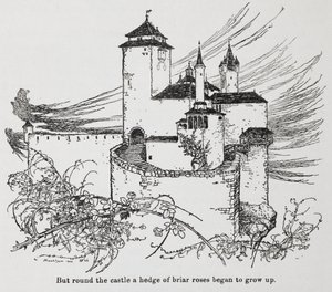 Briar Rose'dan (Uyuyan Güzel) dikenlerle çevrili kale by Arthur Rackham