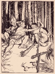 Dev, yanında oturanın kulağına bir kutu verdi. Grimm's Fairy Tale, The Skillful Huntsman'dan Arthur Rackham'ın illüstrasyonu. by Arthur Rackham