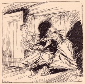 Yaşlı kadın onu elbisesinden yakaladı ve sımsıkı tutmaya çalıştı. Grimm's Fairy Tale, The Enchanted Tree'den Arthur Rackham'ın illüstrasyonu. by Arthur Rackham