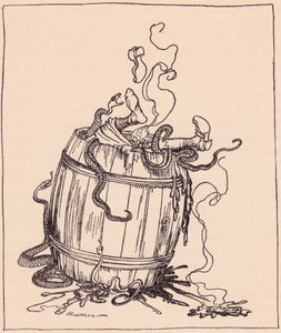 Kötü kaynana kaynayan yağ ve zehirli yılanlarla dolu bir fıçıya kondu. 19. yüzyılın sonlarında yayınlanan Grimm's Fairy Tale, The Twelve Brothers'tan Arthur Rackham'ın illüstrasyonu. by Arthur Rackham