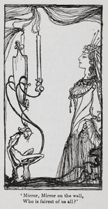 Snowdrop'tan (Pamuk Prenses) aynada kendine bakan kötü kraliçe by Arthur Rackham