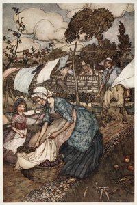 Köyün kadınları, daha az yardımsever kocalarının onlar için yapmayacağı küçük tuhaf işleri yapması için onu çalıştırırdı., Rip Van Winkle by Washington Irving, pub. 1910 by Arthur Rackham