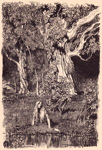 Orada oturdu ve en yakın ağacın dallarında bir hışırtı ve çıtırtı olmasaydı uzun süre oturmaya devam edecekti. Grimm's Fairy Tale The Goose Girl at the Well'den Arthur Rackham'ın çizimi. by Arthur Rackham