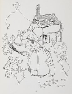 Bir ayakkabıda yaşayan yaşlı bir kadın varmış. Ayakkabı evi ve bir sürü çocuğu olan kadın. by Arthur Rackham